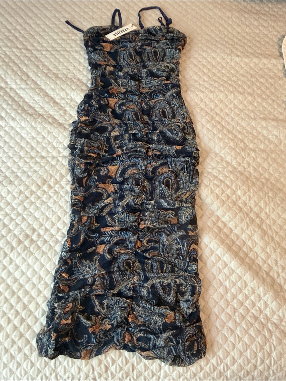 Strapless Navy Paisley Ruched Bodycon Dress